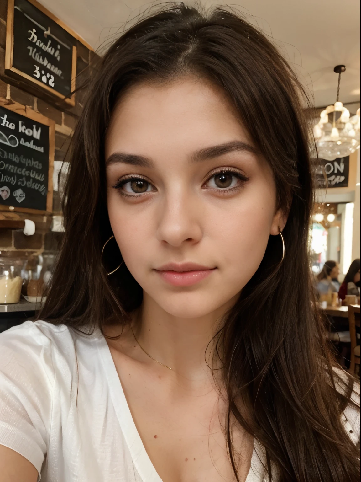 Photo of a 20 year old brunette woman, that  has a very natural face,  thin lips, thin eyes, thin eyebrows, thin nose, earrings, long eyelashes. She makes a cute selfie in a cafe