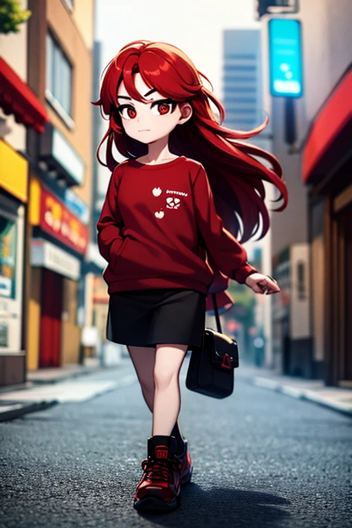 A red haired woman with red eyes is walking down the street with a piece of toast in her mouht