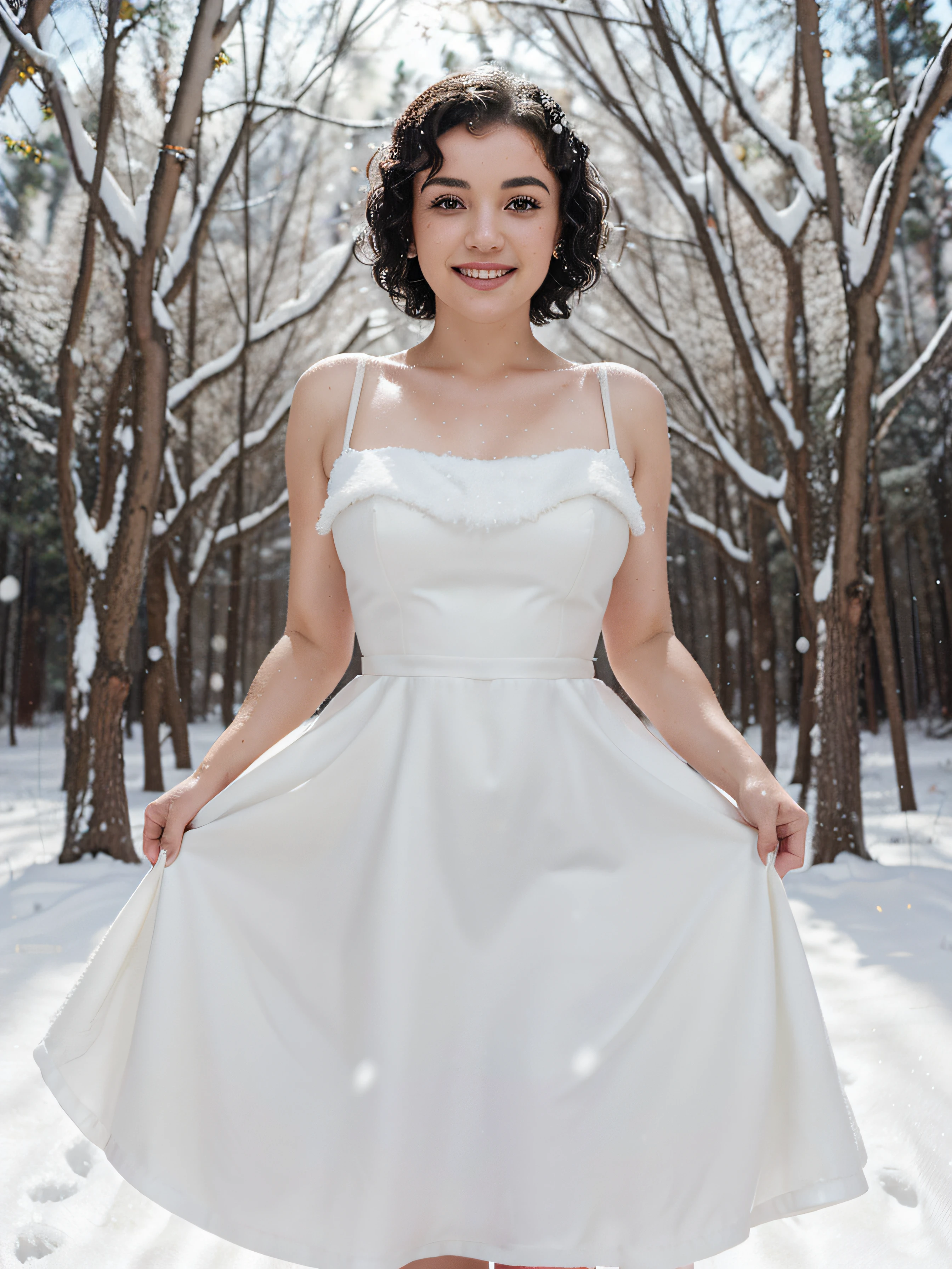 handsome girl, looks like Marilyn Monroe, with black curly short hair, in a light wedding dress, but in winter version, A slight smile on his face. dancing in the snow against the backdrop of a snowy forest, Sunny weather, snowing, Christmas atmosphere, The atmosphere of the holiday, Cinematography, Highest Quality, high detail