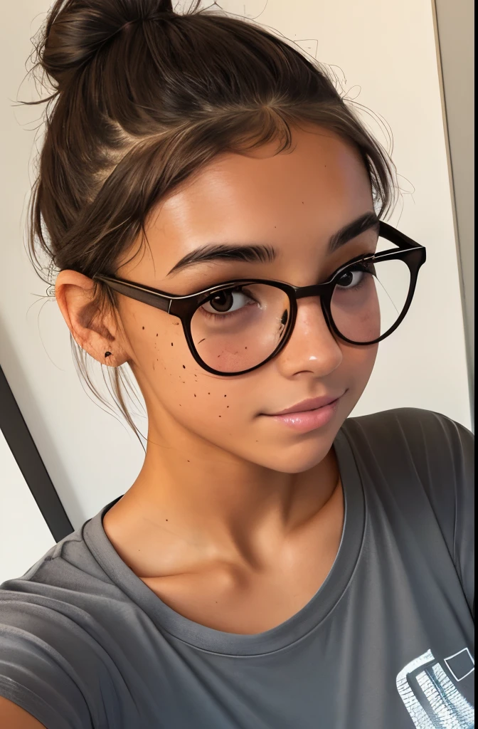 1girl. Tan skin, freckles on nose, freckles on cheeks, dark brown hair, wavy hair, hair bun, flat chested, loose T-shirt, black sweatpants, glasses, twenty years old, selfie, smartphone