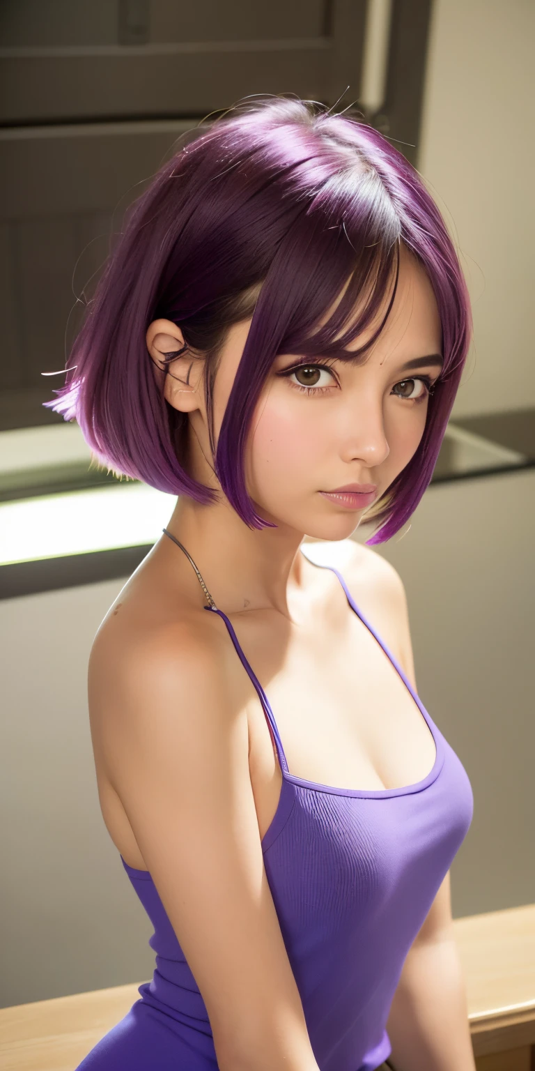 beautiful japanese girl,18 year old beautiful girl,(whole body:1.5) ,detailed purple hair,Beautiful bob cut,asymmetrical bangs,big magic eyes,detailed purple eyes,pale pink lips,thin eyebrows,smooth soft skin,natural makeup,happy smile,See-through camisole,Detailed and perfect clavicle,beautiful high resolution breasts,soft and plump breasts,on the bed,Bright interior,Beautiful thighs in high resolution,professional lighting,professional photographer
