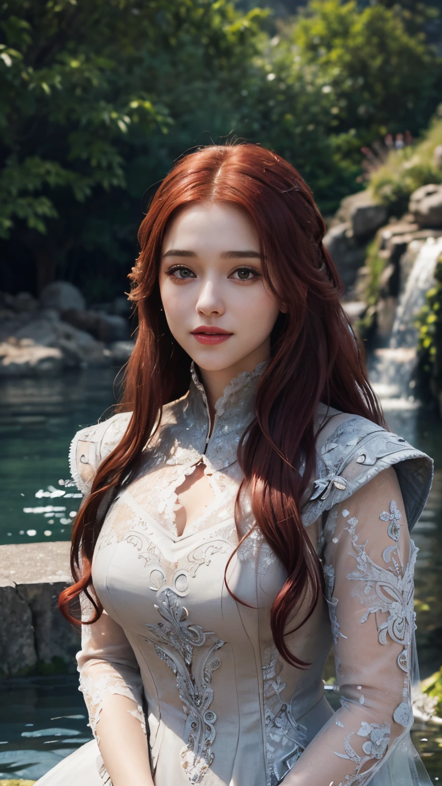 HDR 10, beautiful girl, detailed eyes, detailed lips, very long hair, red hair, shy smile, ultra detailed texture, water drops, outdoors, game of thrones, heavy dress, (high detailed dress:1.5), lace, loops, soft lighting, csitting,