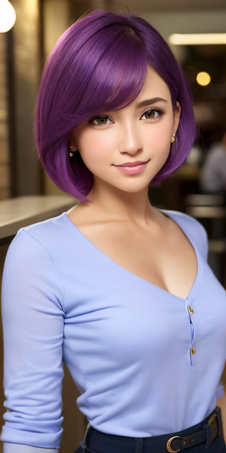 (64k, UHD, Calidad superior, Obra maestra: 1.2), (realista, fotorrealista: 1.37), Super detailed, girl 1 person, Lindo, solamente, Hermoso cielo detallado, detailed cafe, Noche, sentada, fecha, (sonrojarse), (They are smiling: 1.15), (boca cerrada) Grande, Cara de tigre, hermosos ojos finos, (Camisa con cuello: 1.1), Noche, Ropa de oficina, encaje blanco, (pelo corto :1.2), (cabello rosado, Purple Hair with Falling Eyes NovaFrogStyle, Topless,