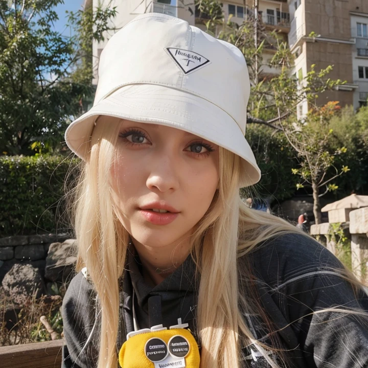 blonde woman in white hat and black shirt posing for a photo, ava max, Anna Nikonova aka Newmilky, Taran Dasha, Irina Nordsol Kuzmina, Yelena Belova, vestindo um pescador 🧥, bucket hat, Retrato de Kim Petras, Cl, Olga Buzova, Angelina Stroganova, julia gorokhova