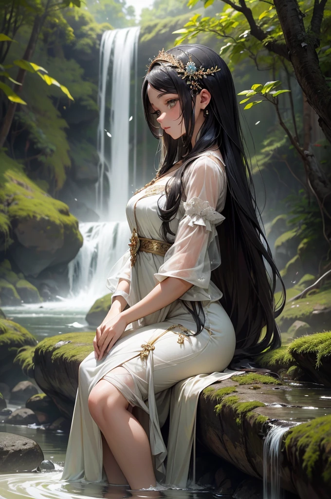 (Masterpiece - Ultra-Detailed, High Resolution) Prepare to be enchanted by a true masterpiece that combines ultra-detailed art with high-resolution rendering. Este trabalho mostra uma jovem elfa, hipnotizante e sexy , seios muito grandes, vestido transparente branco, roupas sexy,  tomando banho na cachoeira, with forest and waterfall as illustration. Mulher maravilhosa, cabelos grisalhos se preparam para mergulhar em um mundo onde a beleza e o artes se fundem perfeitamente.