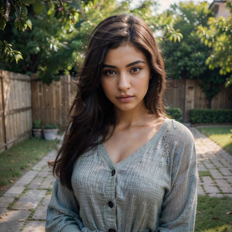 (Best quality, Ultra-detailed, Masterpiece:1.5), Photorealistic photograph of a beautiful pakistani woman posing at a scenic location, turning her head to the side. The woman should have a flawless, highly detailed face (Highly Detailed Skin) with soft, luminous skin. Her long hair should be naturally brown and stylishly arranged. The focus of the image  on her face (Sharp Focus on the Face, Perfect Eyes:1.2). The scene should be rendered in muted, warm colors. The photography should feature high-quality film grain (ISO 400, 30mm lens RAW f1.8 aperture, highly detailed) to create the impression of analog photography (Analog Photography:1) with HDR colors,  the scene both realistic and stylish. The image should be a full body shot, from head to toe. Wearing stylish clothes,