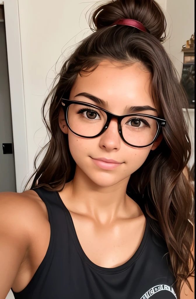 1girl. Tan skin, freckles on nose, freckles on cheeks, dark brown hair, wavy hair, hair bun, flat chested, loose T-shirt, black sweatpants, glasses, twenty years old, selfie, smartphone, belly