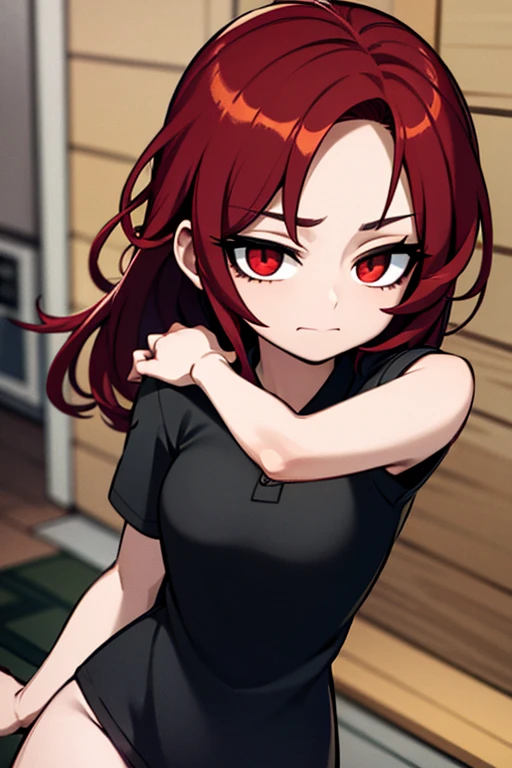 A red haired woman with red eyes is dancing with a black haired woman with brown eyes
