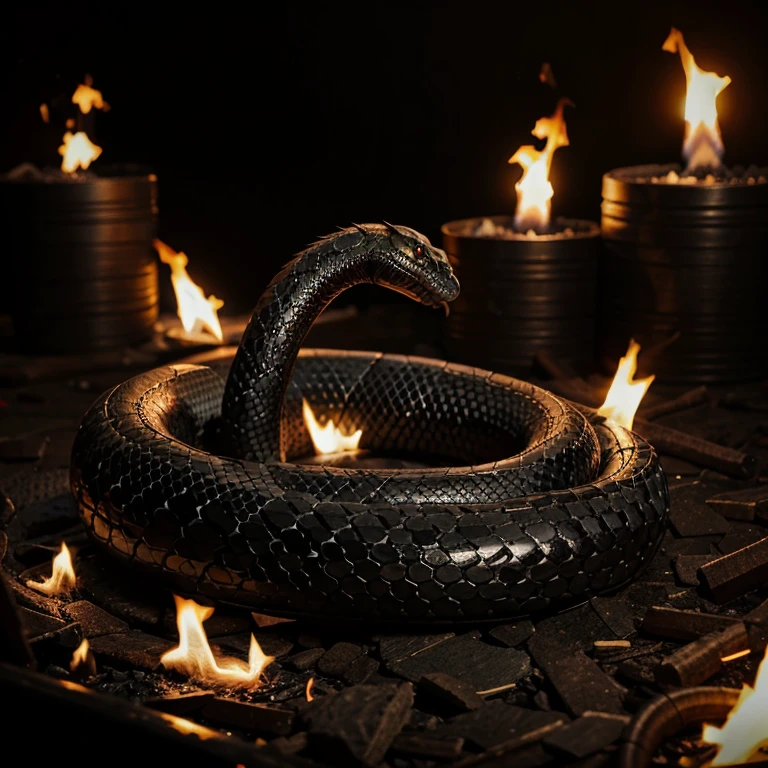 Black snake surrounded by flames with bitten hand