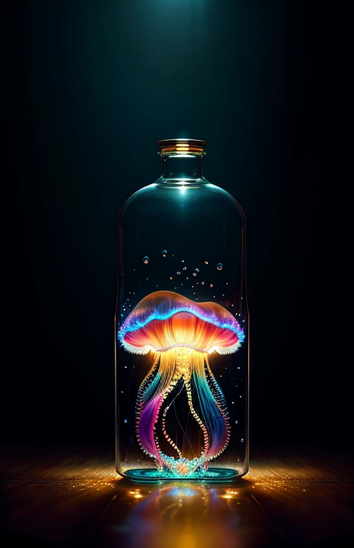 jellyfish in a bottle, fluffy, realistic, atmospheric light refraction, by lee jeffries nikon d850 film stock photograph 4 kodak portra 400 camera f1.6 lens rich colors hyper realistic lifelike texture dramatic lighting unreal engine trending on artstation cinestill 800, Style-Glass