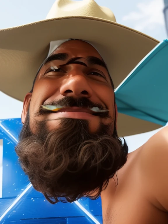 GTA V painting style man wearing straw hat and smiling with city background