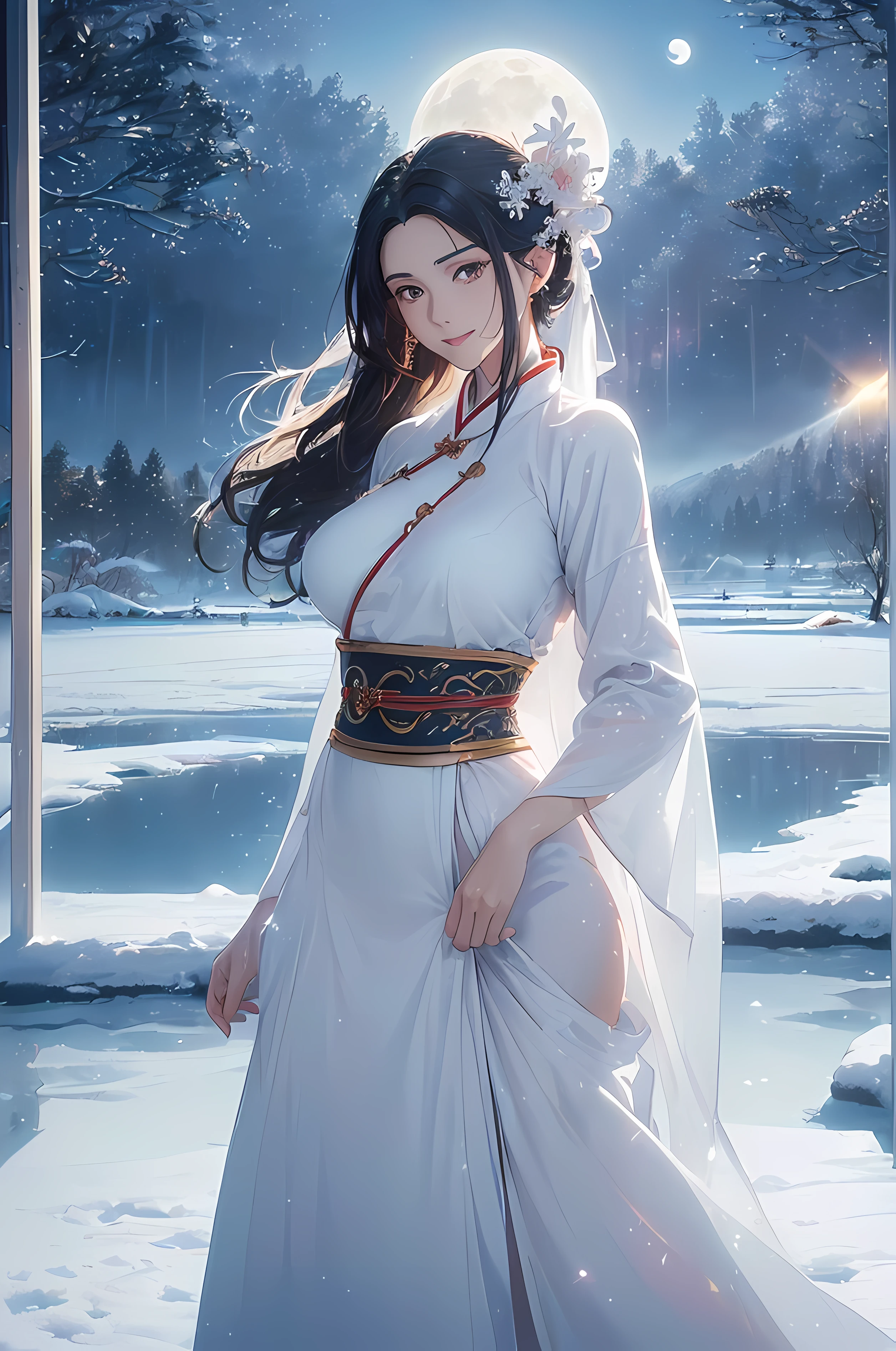 A beautiful woman, legendary, ((((realistic oil art, 46-year-old Empress, vibrant look, (( white hanfu, white details, pure white, white dress, white color clothes, wuxia, standing beside the lake and gazing at faraway place, modest)), top of the mountain, 1girl, masterpiece, extremely detailed, (beautiful detailed glow), lens flare, red flare lens, moon flare, clouds, backlighting, (blue sky)
, light from behind, shadow on the figure, sparkling snow ,smile, laughter, standing in the distance, looking at the viewer, full-length
, elegance under the moon, hair ornament, movement motion, image look alive, perfect body figure, very big breast, very big ass, beautiful face, milf, royal, black color hair, silky hair, shining hair, shine eyes, golden eyes, ponytail long hair style, beautiful skin, Extremely details hair, fine details, cinematic lighting, beautiful lighting effect, creative design, full body frame, divine aura, hard harmony , moon light, perfect color transition, perfect balance of contrast, perfect color layer, perfectly smooth color blur, soft rendering, smooth color stroke, moon glare, optic lens, moonlight ray, soft colors, smooth colors blend, perfect color rendering, harmony, perfect color harmony, beautiful color, soft harmony, light particles, perfect details, intricate details, color prism, fine details, refine details, different view point, extremely details clothes))), Tachibana Omina art style, affectionate eyes, half a smile, slightly open mouth, a gentle expression on his face, serene scenery of flower under the snow, snow flake floating around, calm, breeze and sunlight, sun, lake, reflection, in the background, butterflies in the sky, realism, ((Best quality))),8k,((Masterpiece)),(Extremely refined and beautiful)
