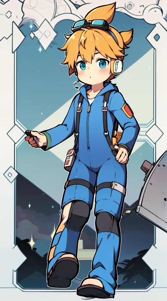 Two-dimensional boy Shota,One-piece hiking suit,Wear the headphones on your head,are standing,protective goggles,rabbitears
