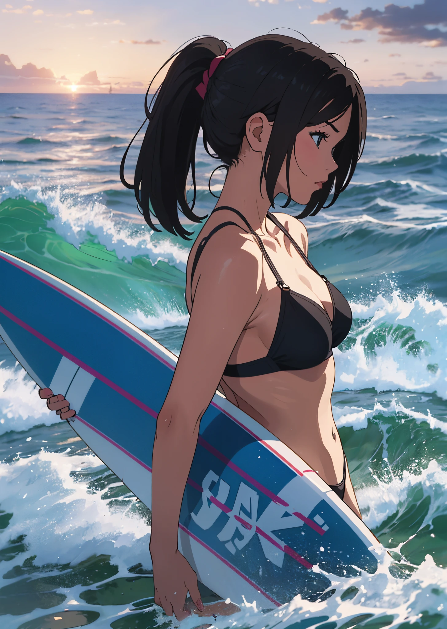 Please generate an image of a girl at full height standing on the seaside with a surfboard. She is wearing a blue surfing suit, and her straight hair, gathered in a ponytail, flows gently in the wind. The focus should be on her side profile as she stands on the beach with the waves in the background. Emphasize the clear visibility of the blue surfboard, and ensure that the girl's outfit and hairstyle are accurately represented. Capture the essence of a surfing moment by conveying the dynamics and mood of the scene. --auto --s2