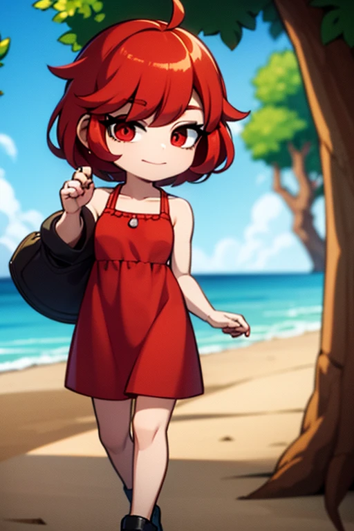 A red haired woman with red eyes is wearing a sun dress on the beach