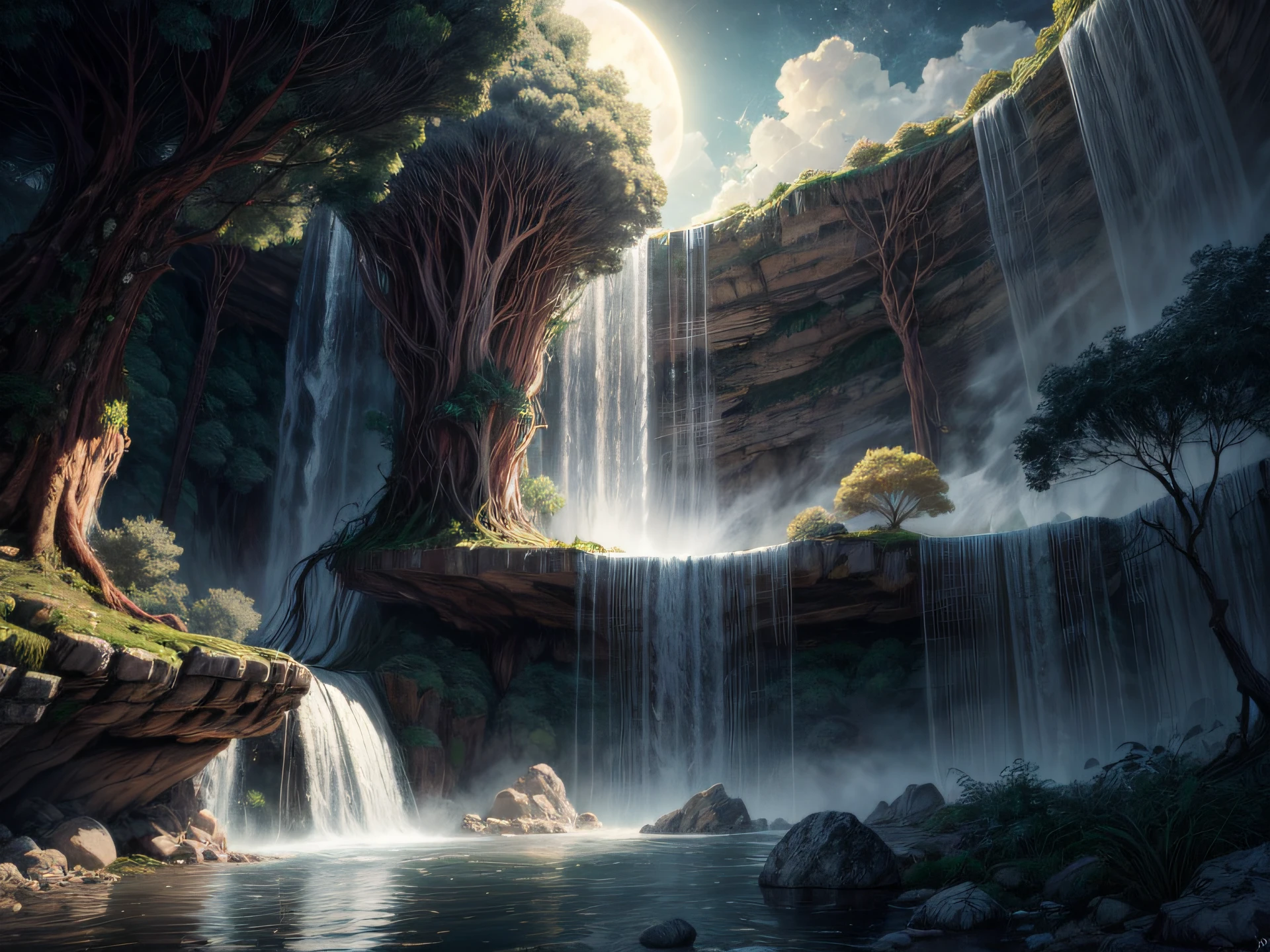 Paisaje de ciencia ficcion, sol y luna, muchos arboles, una cascada de agua que cae del cielo, fantasy lighting, obra maestra, 8k