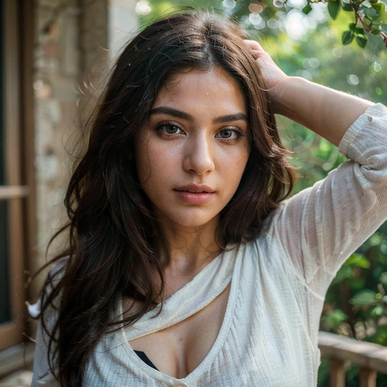 (Best quality, Ultra-detailed, Masterpiece:1.5), Photorealistic photograph of a beautiful pakistani woman posing at a scenic location, turning her head to the side. The woman should have a flawless, highly detailed face (Highly Detailed Skin) with soft, luminous skin. Her long hair should be naturally brown and stylishly arranged. The focus of the image on her face (Sharp Focus on the Face, Perfect Eyes:1.2). The scene should be rendered in muted, warm colors. The photography should feature high-quality film grain (ISO 400, 30mm lens RAW f1.8 aperture, highly detailed) to create the impression of analog photography (Analog Photography:1) with HDR colors, the scene both realistic and stylish. The image should be a full body shot, from head to toe. Doing yoga