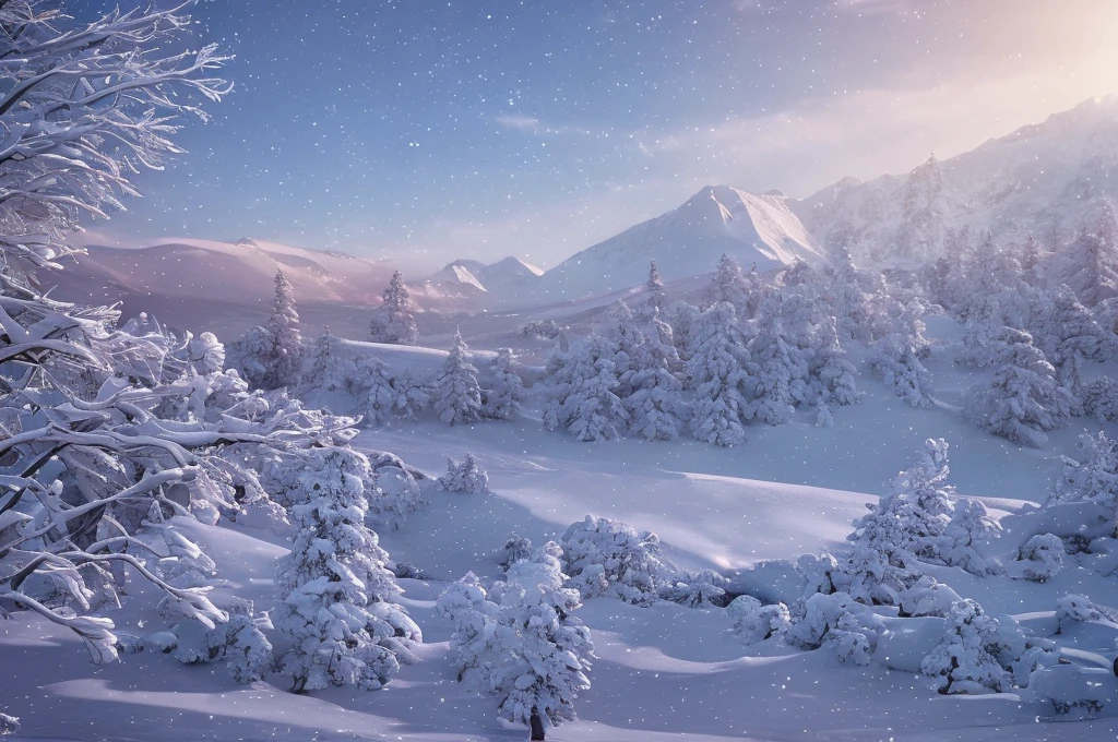 (Best quality at best, 4K, A high resolution:1.2), ultra - detailed, Winter wonderland, A world of pure white, extreme tranquility, Away from the hustle and bustle, Extremely elegant, snowy, Sparkling snow crystal universe, Un bosque tranquilo, calm silence, Delicate snowflakes dance in the air, peacefulatmosphere, frosty branches, Glittering icicles, pastel sparkle, EtherealBeauty, Frozen lake, serenidade, Snowy mountains in the distance, amazing scenery, not affected by time, Magical and peaceful, Winter hugs, A haven of tranquility, Mild snowfall, silent serenade, clear night twinkling stars, Serenity in the cold, Pristine beauty.