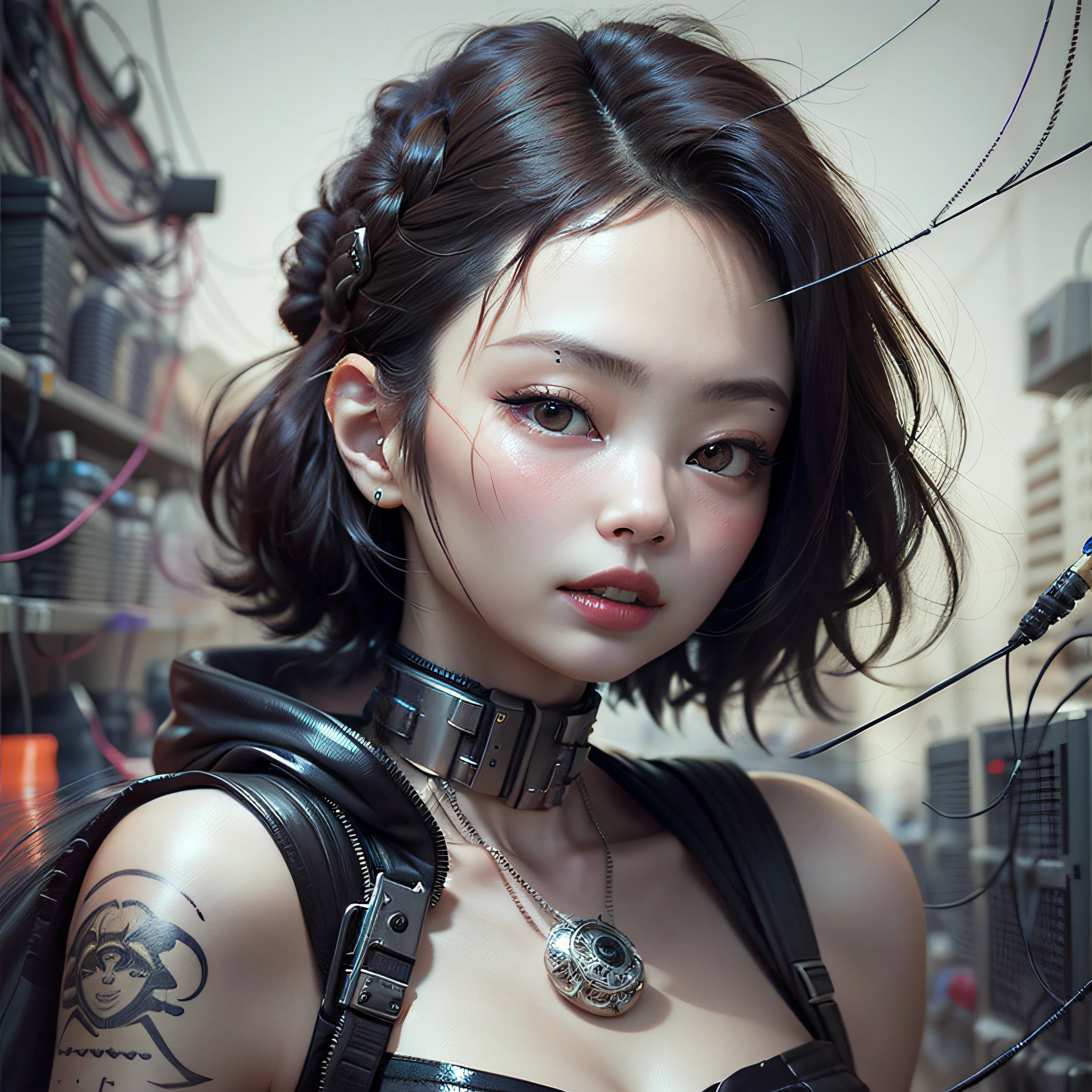 Cyberpunk, damged, robot, dead robot, wires, lose a part of her face in war, wires came out in the lose part of face, trashed, cyberpunk damged, trashed in a big garbge, black hair, tattoo on a part of her face, cyber tattoo, numbers, tattoo on her sholder and neck. Japanis face girl, robot clothes with wires, painting style, vanvas texture, brush strokes, jennie kim,
