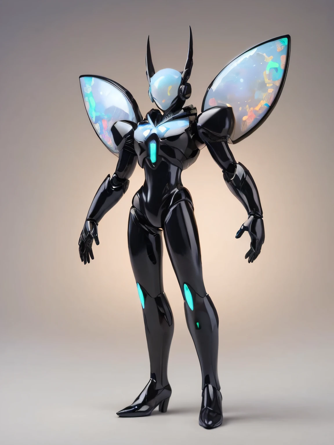 (Masterpiece:1.3), (best quality:1.4), high res, realistic, HD, a toy figure of a woman with a black body and wings, ral-opal, friendly humanoid robot, futuristic angel, gynoid cyborg body, tron angel, anime robotic mixed with organic, cyber japan style armor, 8K, ultra detailed, female android,