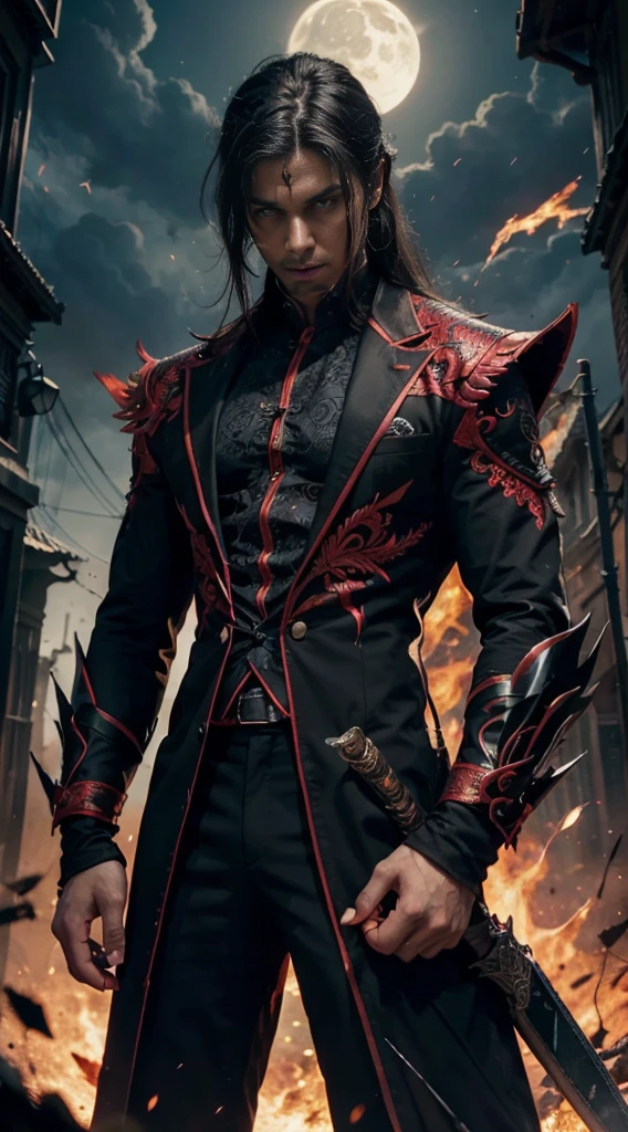 (masterpiece:1.2), (illustration), (best quality:1.2), (best aethetic:1.1), (beautiful art:1.2), (ultra-detailed:1.2), (8k), (HDR), (cinematic lighting), (wallpaper), (sharp focus), (intricate), (eyes detailed) man holding down black long sword in front of him, 170cm tall, black hair colours, long hair tied, wearing black suit batik art style, wearing rings on all his fingers, black and red energy sparks all over his body and became demon shadow behind him, background night full moon, horror