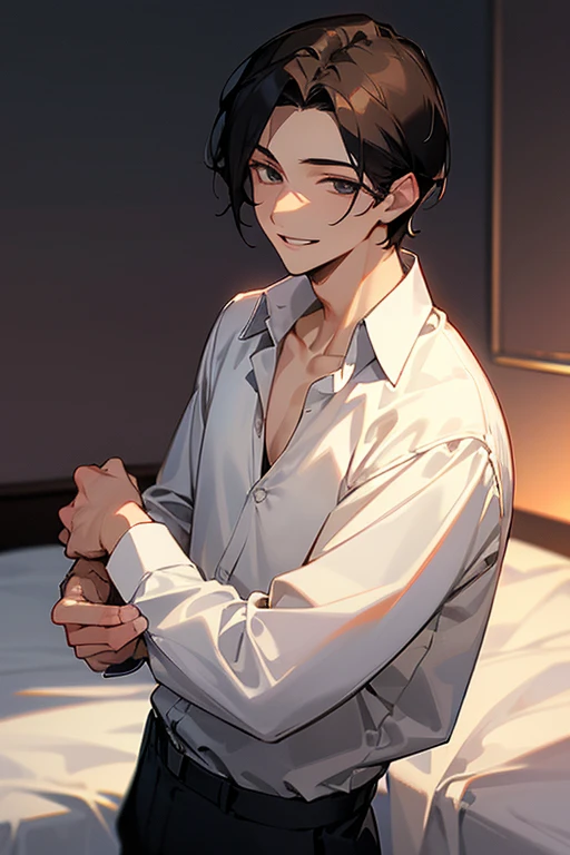 1 Boy, dark hair, white shirt, black slacks, on sheets, Long Sleeve Shirts, Fascinating, evil smile,(parted lips),collarbone, sunset,{open collar},(background: on bed in bedroom), high quality, high resolution, masterpiece