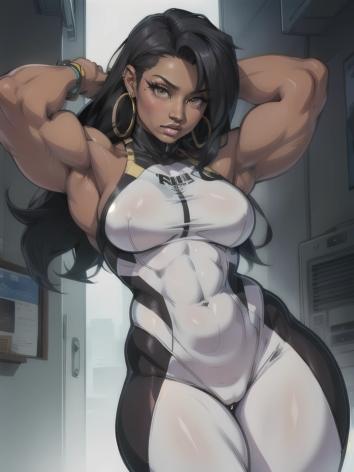 girl muscles large breasts dark skin black hair brown eyes small hoop earrings skintight