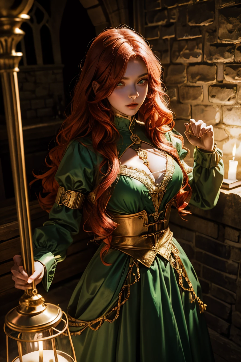 Marta Gromova (Ukrainian Model), curly red hair, beautiful green eyes, princess medieval dress, Sadistic feature, in a medieval dungeon