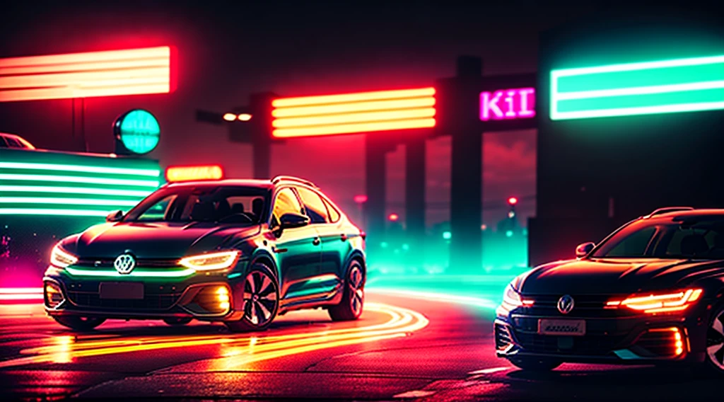 retrowave synthwave background with neon lights everywhere, main object- Volkswagen virus 2023