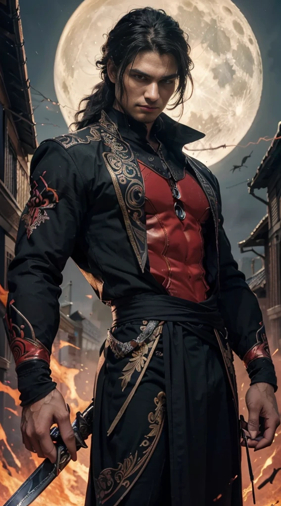 (masterpiece:1.2), (illustration), (best quality:1.2), (best aethetic:1.1), (beautiful art:1.2), (ultra-detailed:1.2), (8k), (HDR), (cinematic lighting), (wallpaper), (sharp focus), (intricate), (eyes detailed) man holding down black long sword in front of him, 170cm tall, black hair colours, long hair tied, wearing black suit batik art style, wearing rings on all his fingers, black and red energy sparks all over his body and became demon shadow behind him, background night full moon, horror