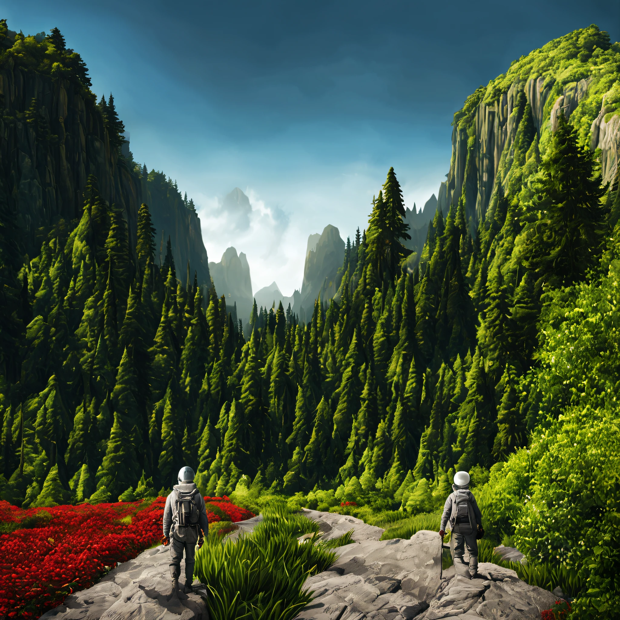 create a digital matte painting of a forest landscape with many tall green trees, with giant rocky mountains in a science fiction movie setting with an ancient stone temple embedded in a tall rocky mountain, the scene takes place in a clearing in the center of a dense and wide forest of trees and giant plants, in the sky of this illustration, um astronauta masculino de uniforme branco caminha em uma estrada de pedra perto de uma escadaria gigante de um templo, Close detalhado e realista do astronauta, close-up do traje espacial do astronauta, close-up da vista em perspectiva dupla para o grande campo de flores vermelhas de baixo para cima, add a field full of red flower buds on the ground next to a nearby path with low green grass towards the large forest and situated in the background of the scene against the background of a blue sky with white 3D clouds along a long path, ultra realism in matte painting illustration cinematography based on the matte painting art of artist Albert Whitlock