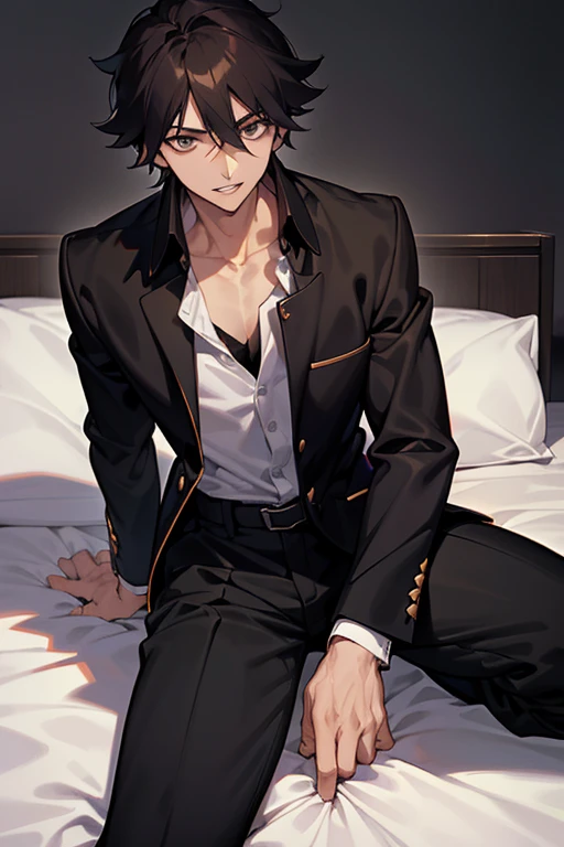 1 Boy, dark hair, gakuran, white shirt, black slacks, on sheets, Long Sleeve Shirts, Fascinating, evil smile,(parted lips),collarbone, sunset,{open collar},(background: on bed in bedroom), high quality, high resolution, masterpiece