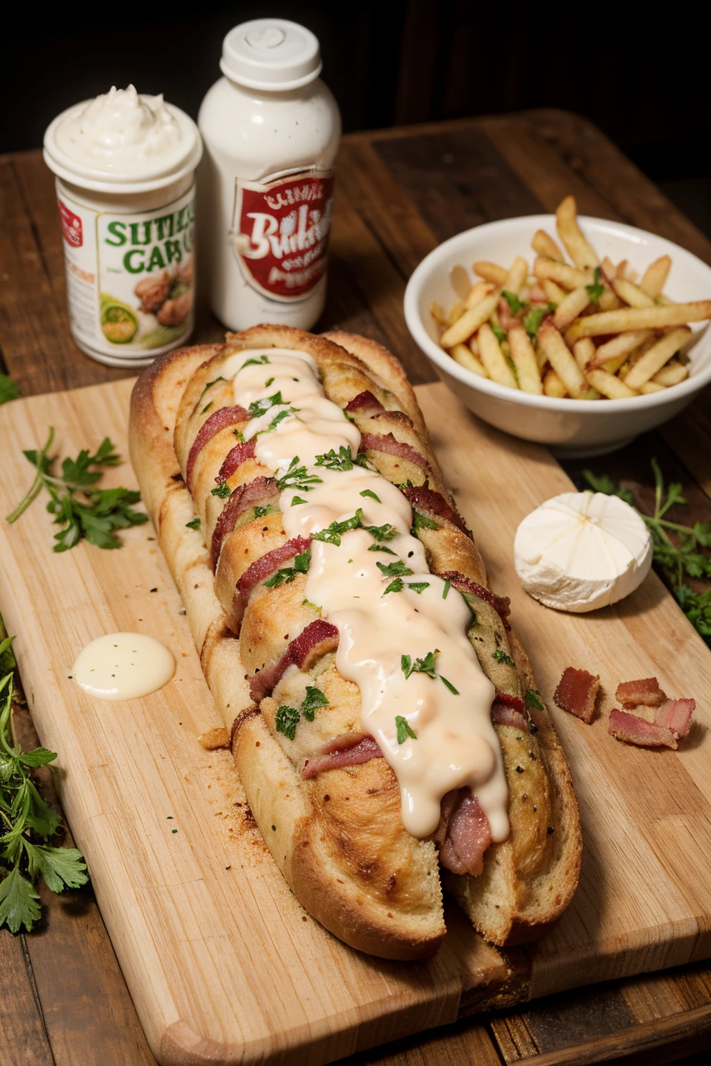 Create a picture of garlic bread stuffed with bacon and cheese on a wooden cutting board, accompanied by a 190g portion of fries and a 60ml pot of barbecue sauce. ultra realista