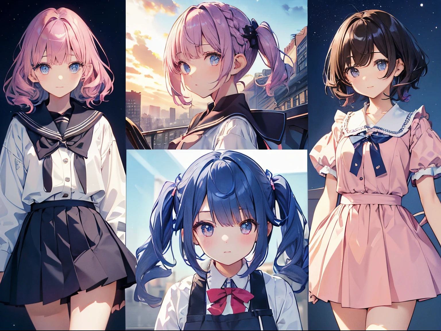 (Illustrations of the highest quality:1.2), (kawaii girl:1.1), (4 girls、side by side), (4girl、15-year-old student、Lori、???、Little、Kawaii、Cute little、tiny breasts、ultradetailed eyes:1.2)、School Classrooms、high school girl、high school uniform、(((front facing))、Face to face、sedentary、ssmile、Buddy、Blake Black Hair、Blue-Haired、brown hair、extra very short hair、Short Hair Hair,、Medium Hair、hairlong、wavy hair、curly hair、Light pink and braided hair、Hime-kat、bob cuts、Two-tailed、low twintails、poniteil、Low tail light blue、 BREAK(topquality、ultra-detailliert、High detail and beauty、超High Resolution、Detailed arm:1.2)、