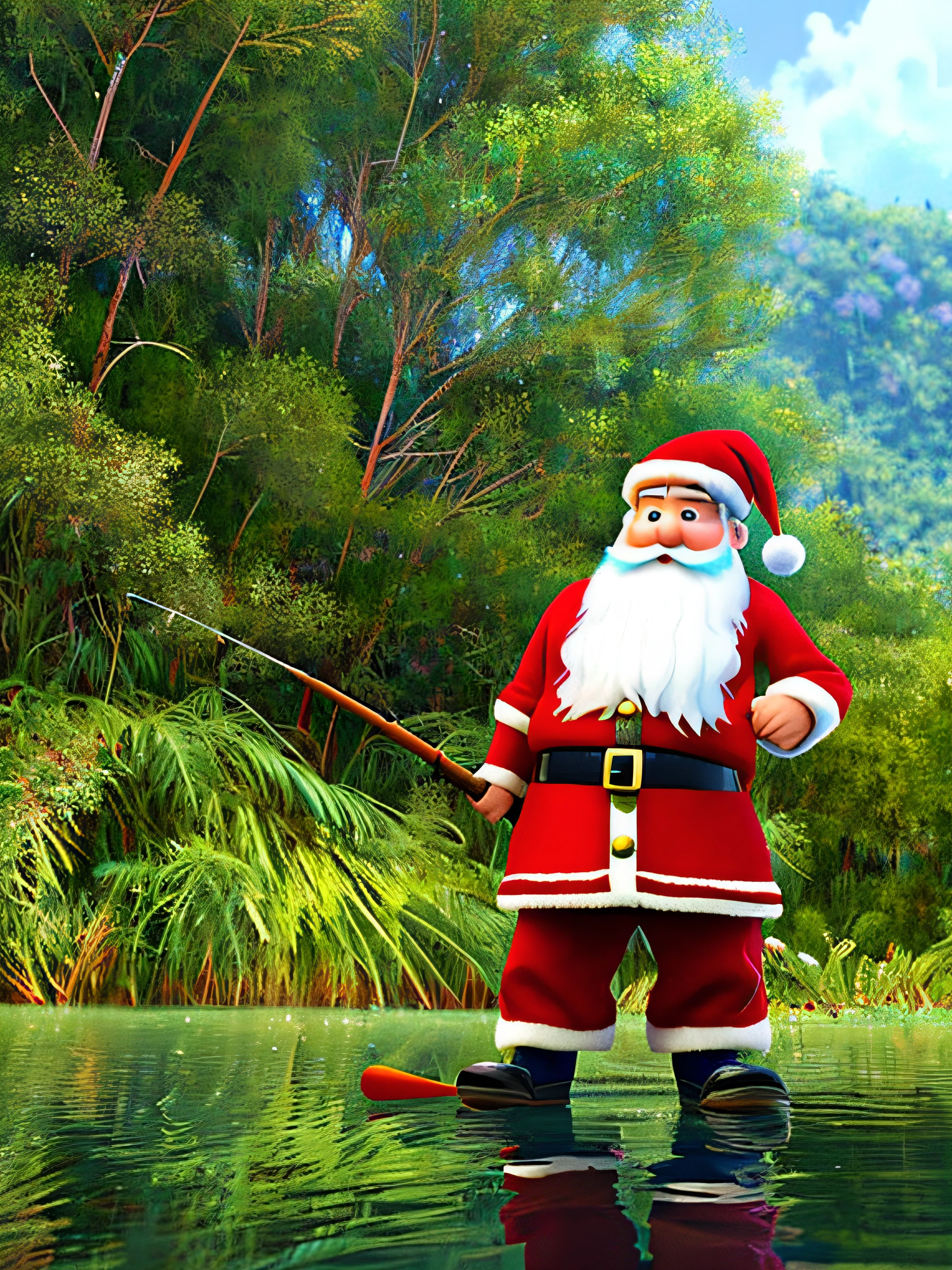 Imagem do Papai Noel, fishing in a lake in the amazon, with a peacock bass in his hands. Estilo Pixar. estilo disney.