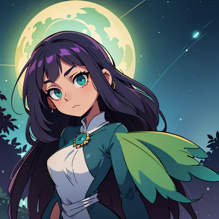 Luminara, she is a tall and slender woman with emerald eyes, that glow soft green, and long hair, painted in the shades of the night sky - dark blue and purple. Her skin is light, Like moonlight, and she has a tattoo on her left arm, depicting a star map of the invisible worlds. She is usually dressed in a dress made of mystical material, changing color depending on mood or environment, and decorated with silver jewelry, reminiscent of fairy lights.