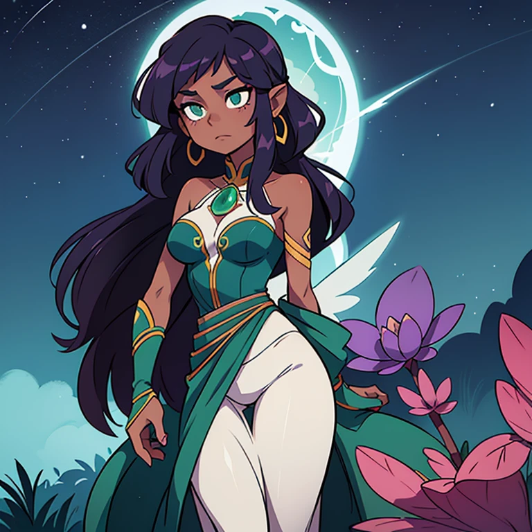 Luminara, she is a tall and slender woman with emerald eyes, that glow soft green, and long hair, painted in the shades of the night sky - dark blue and purple. Her skin is light, Like moonlight, and she has a tattoo on her left arm, depicting a star map of the invisible worlds. She is usually dressed in a dress made of mystical material, changing color depending on mood or environment, and decorated with silver jewelry, reminiscent of fairy lights.