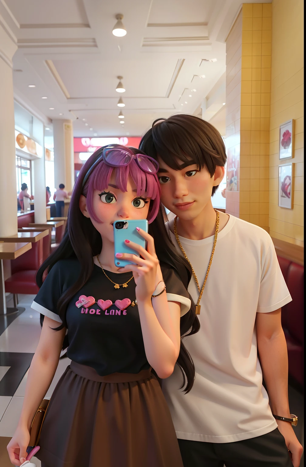 there is a man and woman taking a selfie in a restaurant, in love selfie, long distance photo, 😭 🤮 💕 🎀, at a mall, selfie shot straight on angle, tyler edlin and natasha tan, with her long, 8k selfie photograph, vibrant aesthetic, couple pose, selfie photography, in a mall, taking a picture