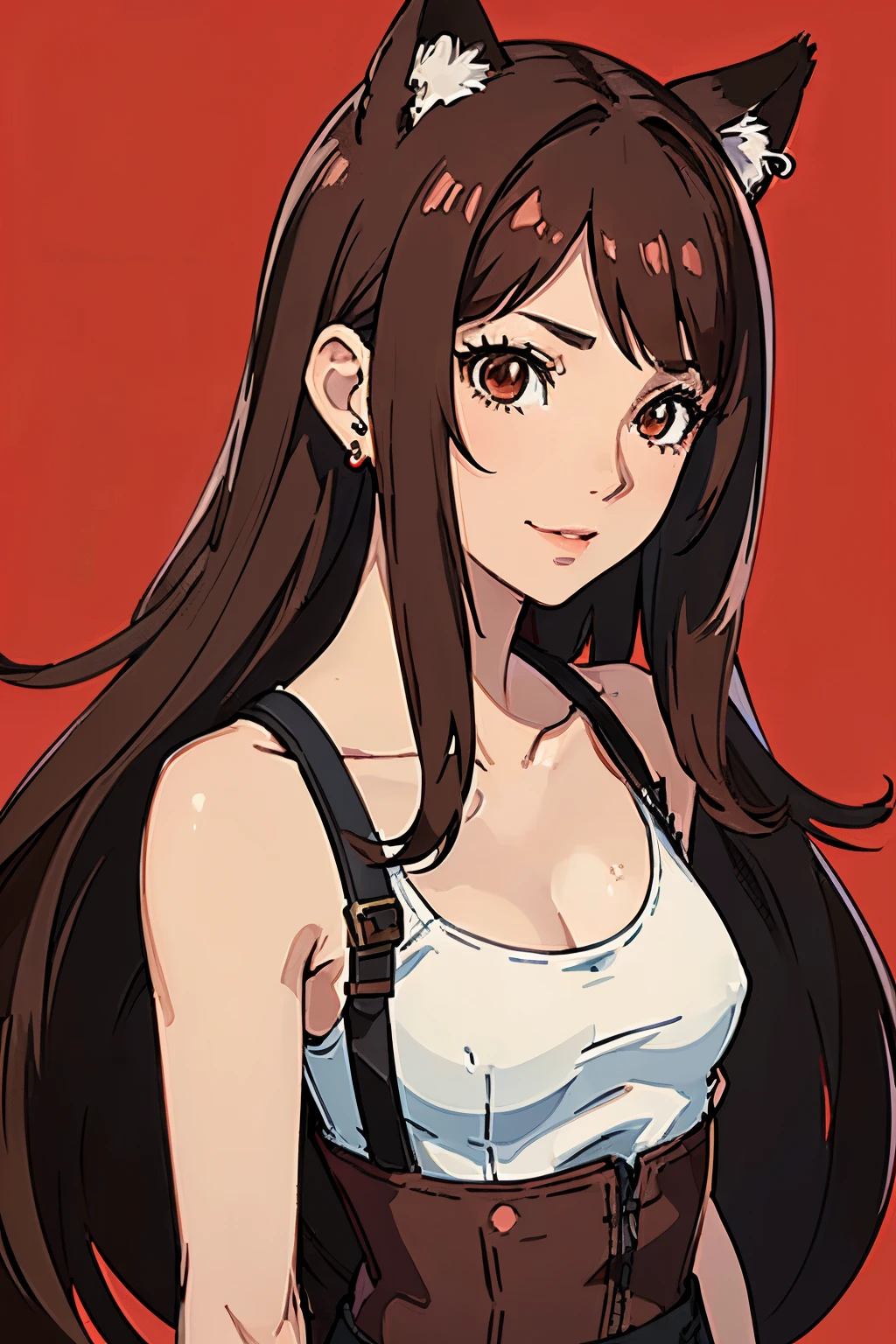 1girl, solo, 1girl, solo, tifa lockheart, tifa_lockheart \(final fantasy\), tifa_lockheart:1.2, animal ears, earrings, fox ears, hair between eye, (brown eyes:1.3), european girl, (SFW:1.3), (small breast:1.4), (face portrait:1.3), tifa , tifa costume, black iris, smile, gamer, red background, simple red color backgraund, (very brown eyes:1.4), tall, slender, instagram model, (brown skin:1.4), (cowboy shot:1.4), italian girl, 28 years old, (brown hair:1.3), upper body, persona 5 style
