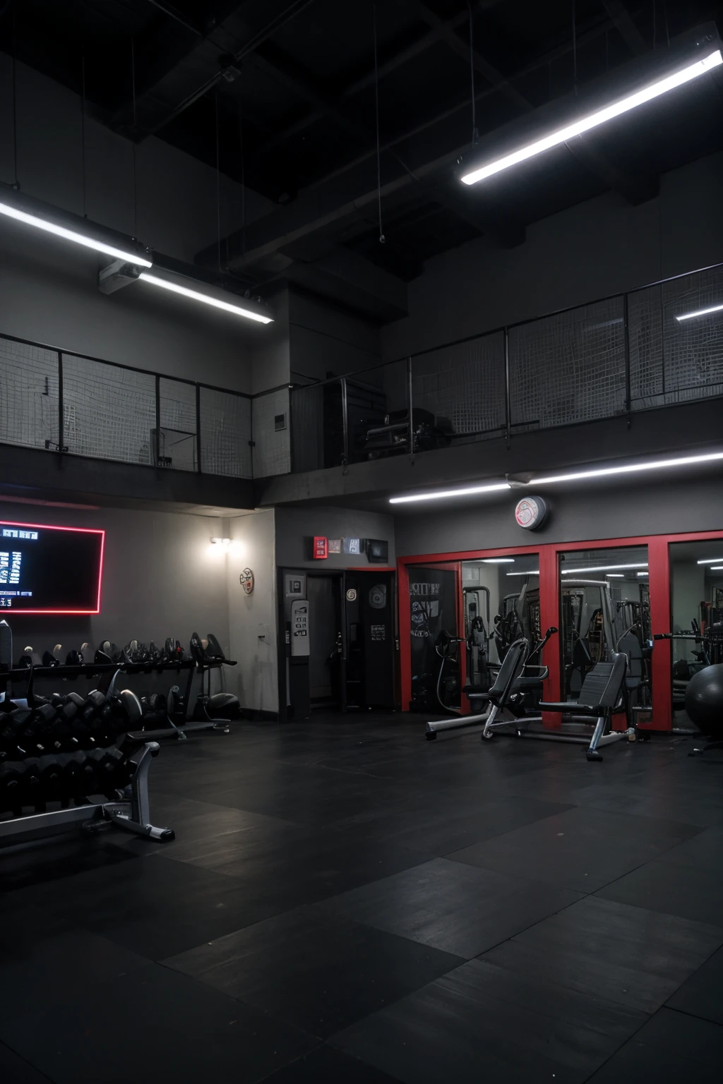 Generate a gym with dark colors. Make it fun, cool, and memorable.