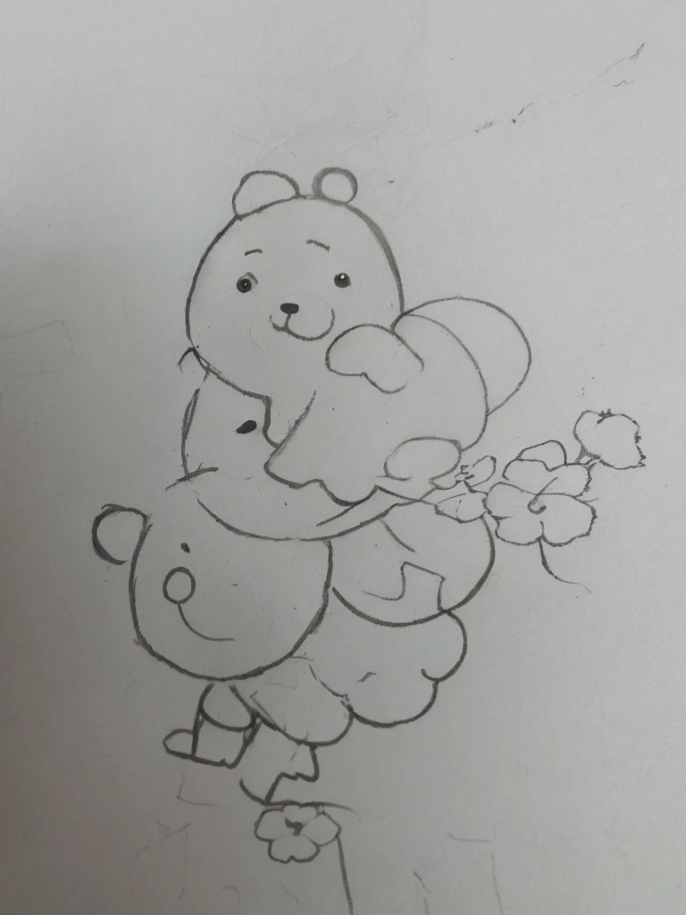 Drawing of teddy bear with a flower on its head, badly drawn, painting of a, drawn on white parchment , badly drawn, contour drawing, children's book drawings, handpainted, handpainted, outline sketch, painted on , large flower head, flower face, a drawing, faded pictures, pencil doodle, Based on children’s drawings