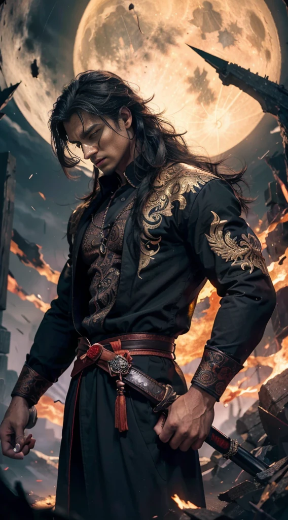 (masterpiece:1.2), (illustration), (best quality:1.2), (best aethetic:1.1), (beautiful art:1.2), (ultra-detailed:1.2), (8k), (HDR), (cinematic lighting), (wallpaper), (sharp focus), (intricate), (eyes detailed) man holding down black long sword in front of him, handsome, 170cm tall, black hair colours, long hair tied, wearing black suit batik art style, wearing rings on all his fingers, black and red energy sparks all over his body and became demon shadow behind him, background night full moon, horror