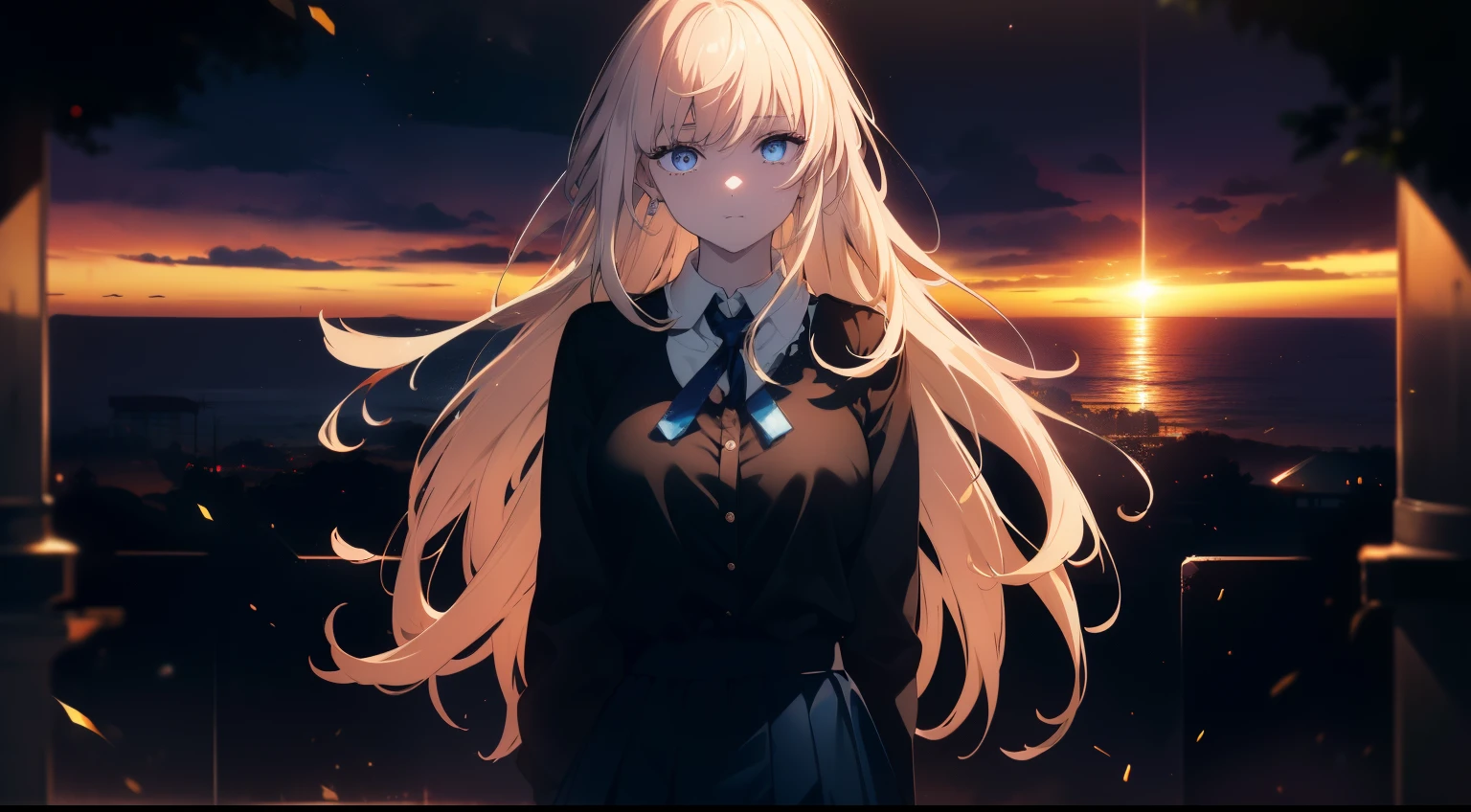 teenage woman ,long golden hair, blue eye ,wearing black suit,black skirt Turn around and look back. Half body image, colored lights,The background is a sky with many stars and a shooting star.