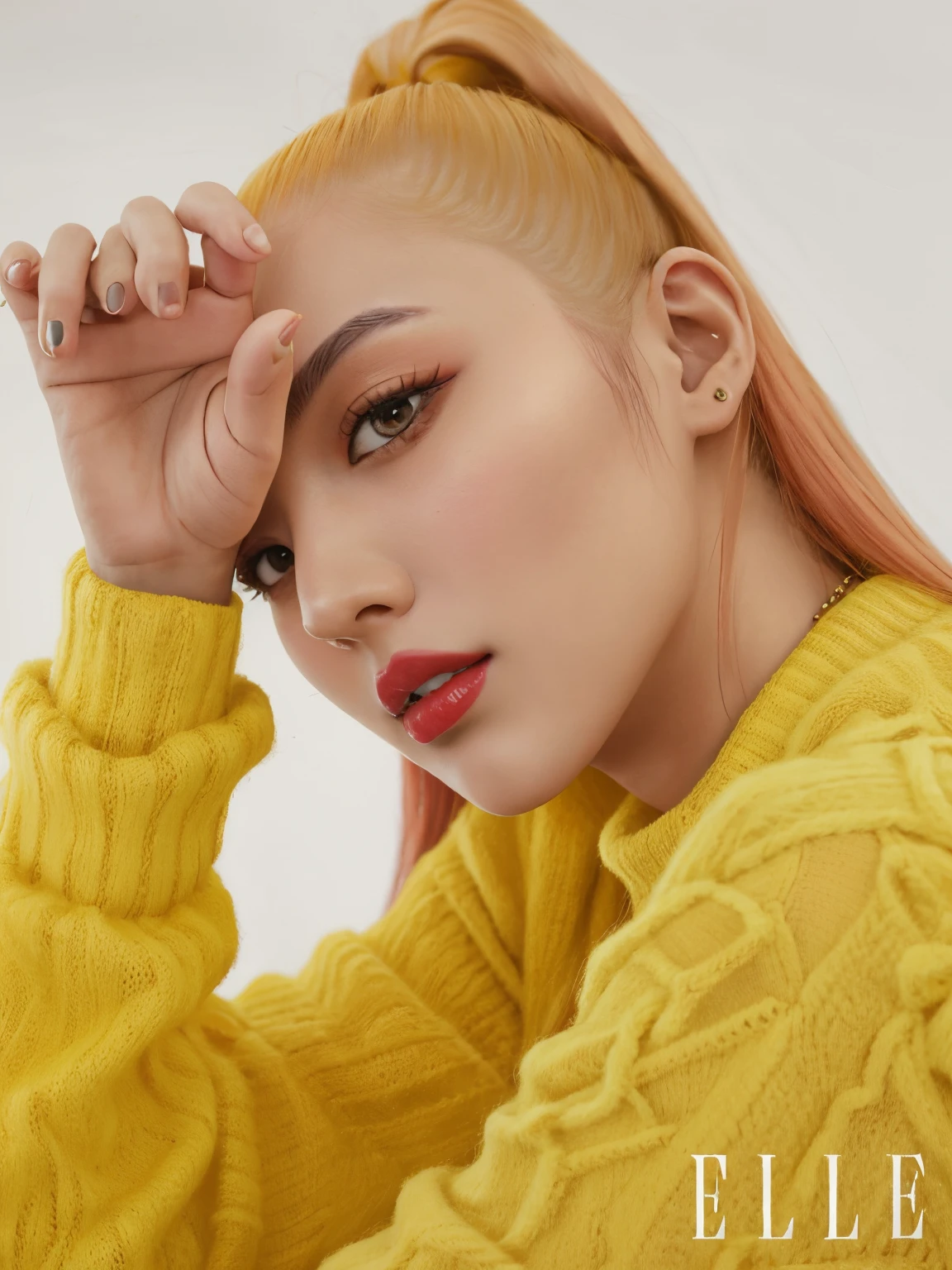 a closeup of a woman wearing a yellow sweater and red lipstick, Retrato de Jossi de Blackpink, Cl, Parque Roseanne de Blackpink, cabello amarillo, JIA, Jossi de Blackpink, ji-min, Arte mixto, Llave fija, KDA, cabello rubio amarillo medio, Sun Yunjoo, Taejune Kim, Hong June Hyung, Heonhwa Choe