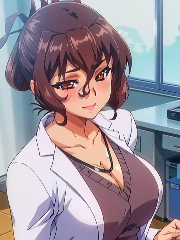 (beautiful hand:1.2), (masterpiece, best quality:1.3), Aiko Katsuragi, mature female, beautiful face, pretty face, (half body shot:1.05), 1girl, makeup, big breasts, lipstick, brown glowing eyes, folded ponytail, brown hair, cleavage, perfect body, (:1.3), (doctor, labcoat:1.2), perfect eyes, perfect retina, blushed, eyeliner, eyeshadow, perfect face, smile (caring look:1.1), look at viewer, high sharpness, sharp focus, medical room, professional artwork, intricate details, vivid colors, Diffused lighting, digital blending, ultra detailed body, ultra detailed hair, ultra detailed face, trending on pixiv, for desktop wallpaper