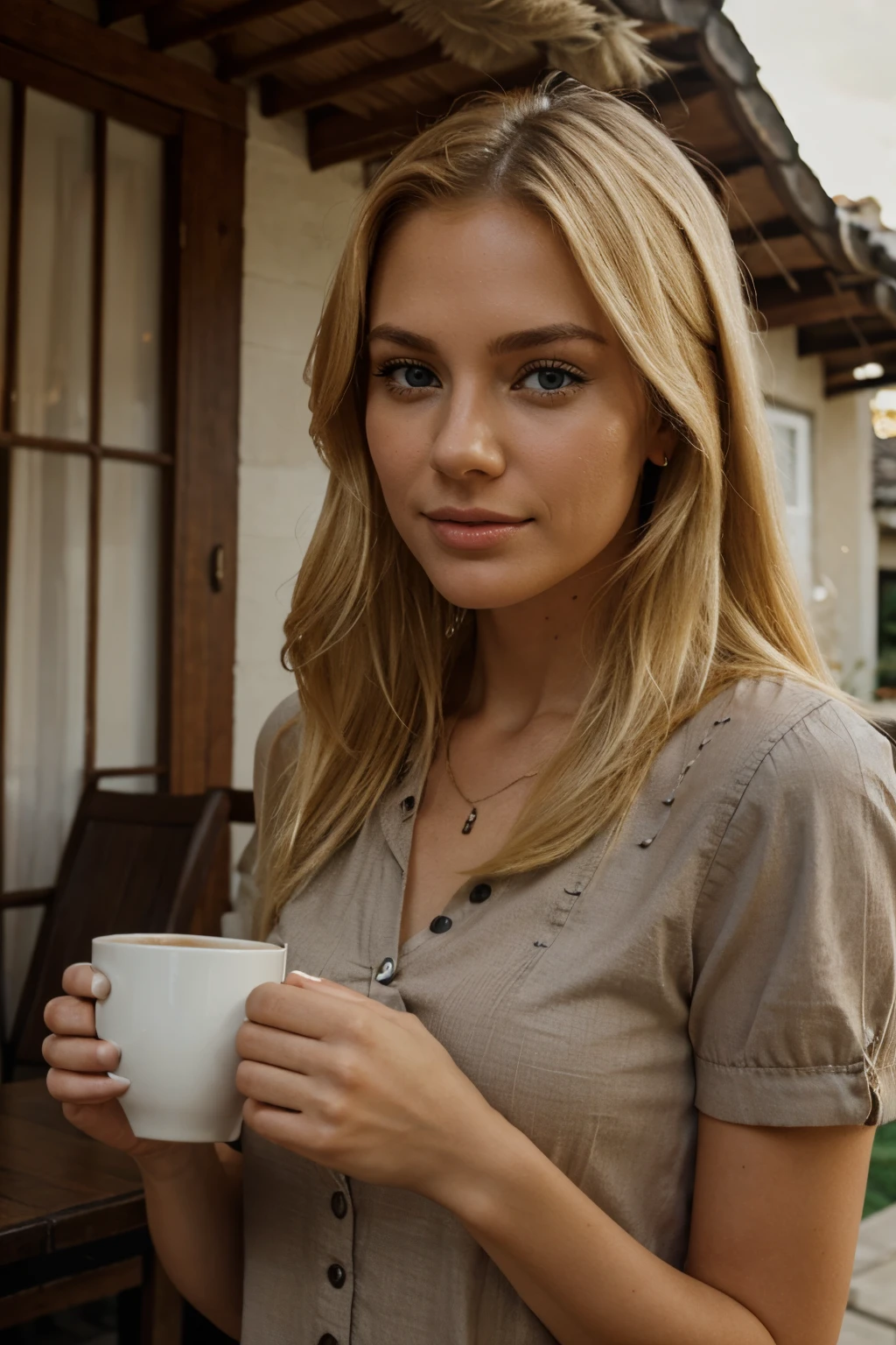 Blonde Woman, hands in the coffie, house