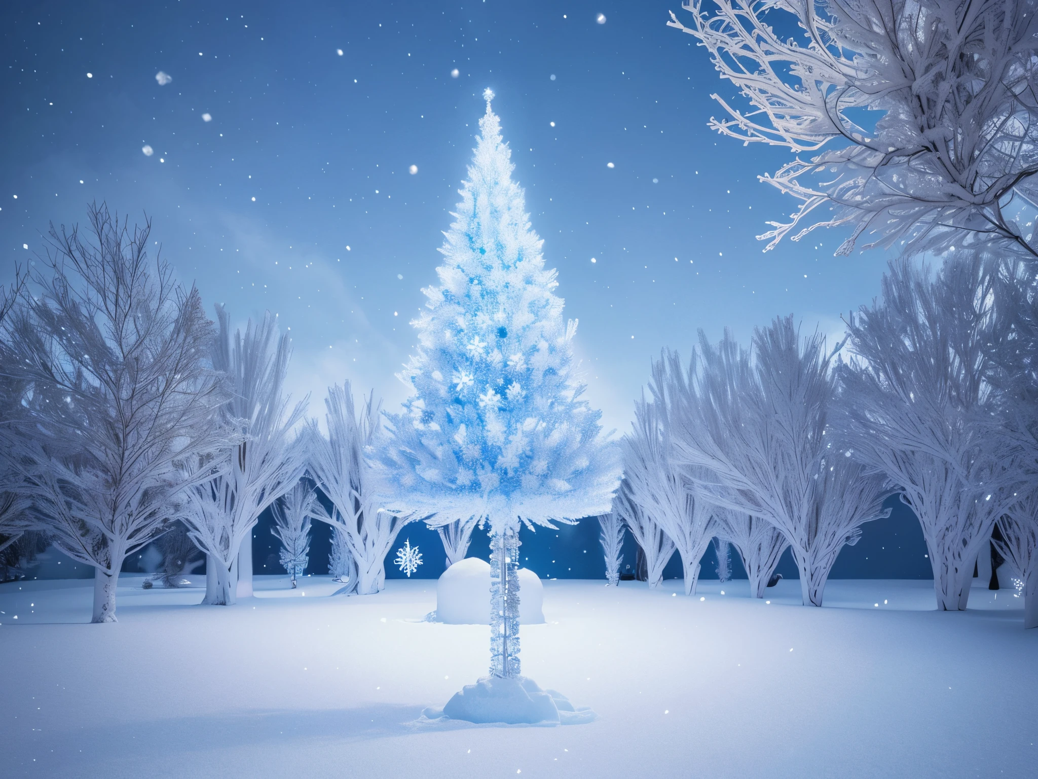 Craft a winter wonderland where the landscape is made of fractal ice crystals, and 3D Christmas ornaments hang from the frozen branches, creating a sparkling and surreal scene.