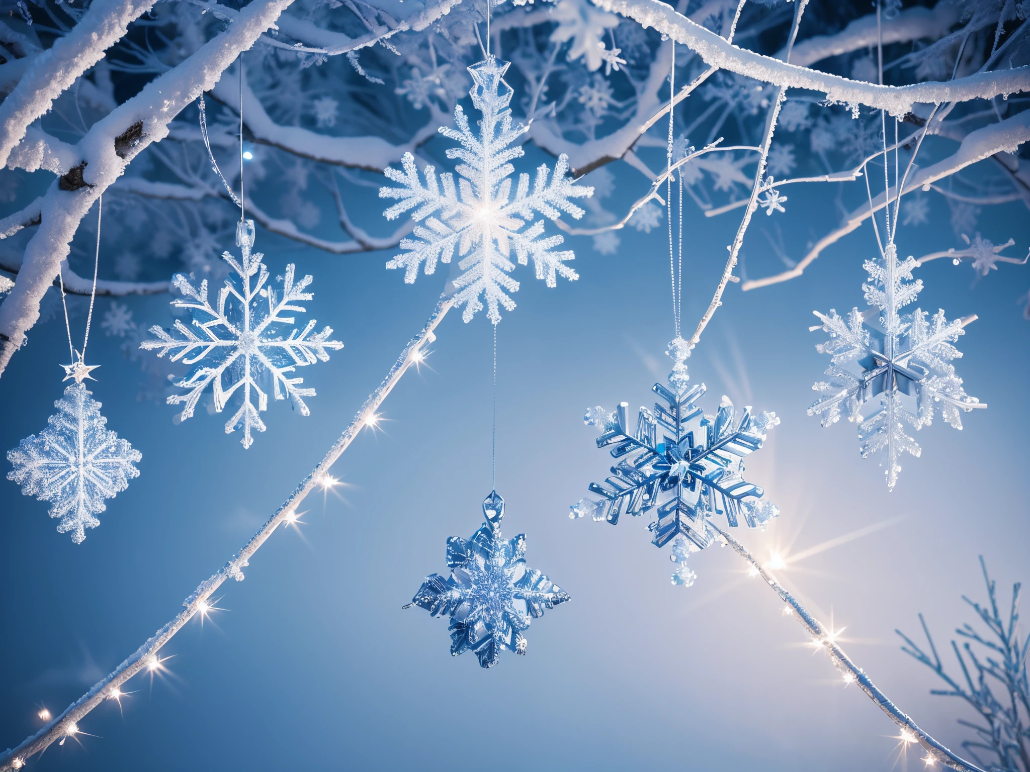 Craft a winter wonderland where the landscape is made of fractal ice crystals, and 3D Christmas ornaments hang from the frozen branches, creating a sparkling and surreal scene.