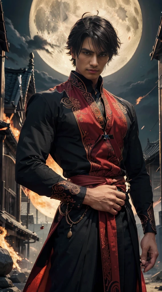 (masterpiece:1.2), (illustration), (best quality:1.2), (best aethetic:1.1), (beautiful art:1.2), (ultra-detailed:1.2), (8k), (HDR), (cinematic lighting), (wallpaper), (sharp focus), (intricate), (eyes detailed) man holding down black long sword in front of him, javanese 170cm tall, black hair colours, long hair tied, wearing black suit batik art style, wearing rings on all his fingers, black and red energy sparks all over his body and became demon shadow behind him, background night full moon, horror
