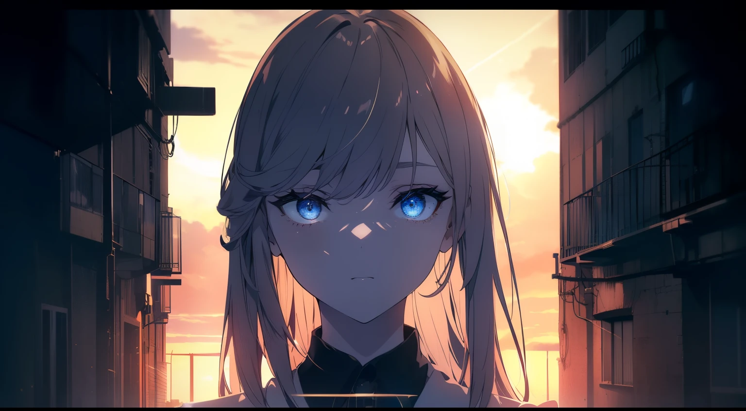(((Obra maestra, La mejor calidad, ultrahigh resolution))), (((wide shot))), 1girl, standing, school uniform, white office shirt, black pleated skirt, ((light brown hair:0.7)), long hair cut, pale skin, ((blue eyes)), glowing_eyes, neon eyes, ((ultra detailed eyes, beautiful and detailed face, detailed eyes)), ((centered subject)), smile, ((wide shot)), facing viewer, eye level, (sunset background), flat chested, looking at viewer, ((half closed eyes)), ((perfect hands)), (((head:0.9, arms, standing, elbows, in view))), ((hands behind back)), empty eyes, beautiful lighting, outside, outdoors, shooting star:0.7, background, defined subject, massive hot sun, 25 years old